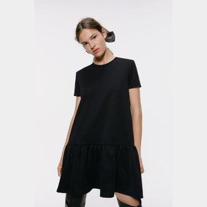 Zara Black Short Sleeve Crew Neck T-Shirt Shift Dress Ruffle Edge Size Medium